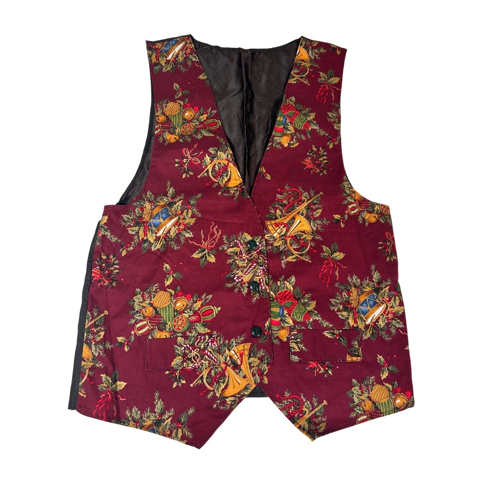 Christmas Vest Burgundy Holiday Nutcracker Horn Drum Vintage Homemade Festive